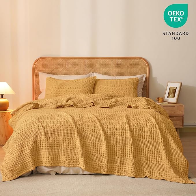 PHF 100% Cotton Waffle Blanket Queen Size for Bed, Lightweight Breathable and Soft for Summer, Luxury Aesthetic Waffle Weave Blanket for Home Decor & Gifts for Women, 90"x90", Pumpkin Orange