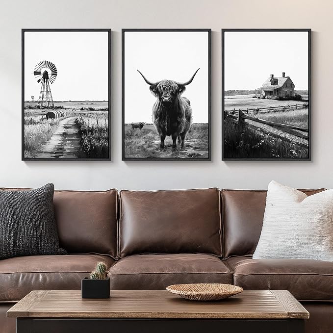 Framed Highland Cow Wall Art for Living Room, 3 Piece Black and White Farmhouse Canvas Artwork for Walls, Vintage Rustic Barn Western Farm Picture Prints for Bedroom Dining HallWay Wall Decor 16x24 In