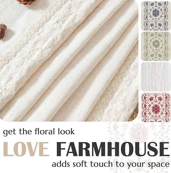 jinchan Weslie Boho Curtains for Bedroom Ivory Vintage Floral Farmhouse Curtains 63 Inch Length Linen Drapes for Living Room Embroidered Light Filtering Drapes Rod Pocket Ivory on Beige 2 Panels