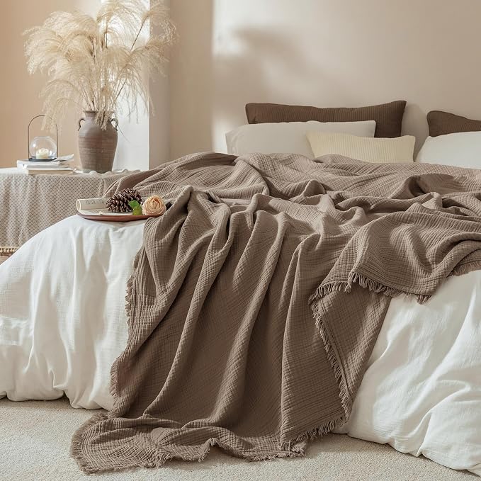 Muslin Fringe Blankets for Adults: 100% Cotton Cloud Soft | 4-Layer Gauze Breathable Lightweight All Season Throw Blanket for Bed Couch Sofa Office