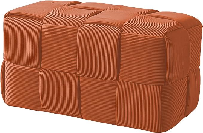 Cmishe 28" Rectangular Woven Corduroy Ottoman Footrest - Large Modern Entryway Bench & Bed End Stool, Sturdy Wood Frame, No Assembly (Orange-L)