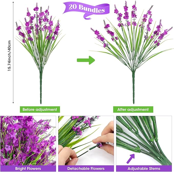 20 Bundles Artificial Lavender Flowers for Outdoors Fake Silk Flowers Faux Plants UV Resistant for Outside Indoor Spring Porch Window Garden Table Box Office Home Decorations, Fuchsia