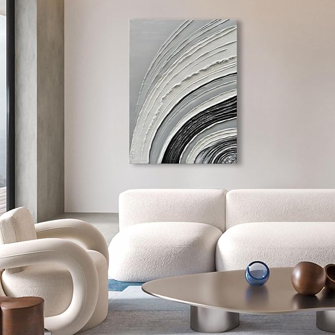 40x28 inch Hand-Painted White and Black Abstract Art Modern Minimalist Oil Painting Decorative Art for Home Office Walls