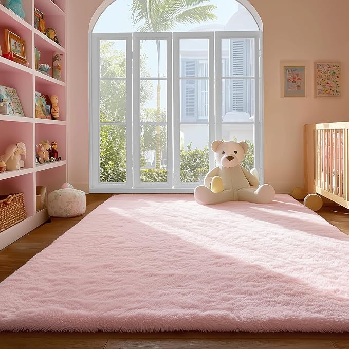 PAGISOFE 3x5 Pink Fluffy Shag Area Rugs for Bedroom, Bedside Preppy Dorm Area Rug, Soft Fuzzy Shaggy Rugs for Living Room Girls/Kids Bedroom Nursery Home Decor, Anti-Skid Durable Rectangular Fuzzy Rug