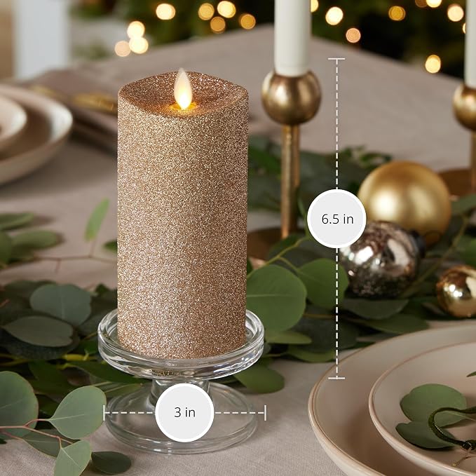 Luminara Realistic Artificial Flame Gold Glitter Pillar Candle - Moving Flame LED Battery Operated Lights - Unscented - Remote Ready - Remote Sold Separately - 3" x 6.5"
