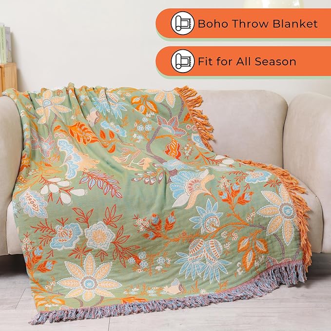 Boho Fall Throw Blanket for Bed,100% Ultra Cotton Soft Breathable Bed Throw Floral Decorative Cottage Farmhouse Decor Rustic Jacquard Bed Throws for Couch Sofa Quilt 60" x 80"-Orange& Sage Green