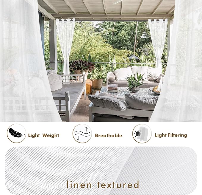 HolidayIdeas 2 Panels White Outdoor Sheer Curtains for Patio Waterproof 84 inches Long-Linen Semi Privacy Voile Sheer Curtains 84 inches Long for Living Room, Gazebo, Porch, Pergola 54 x 84 inch