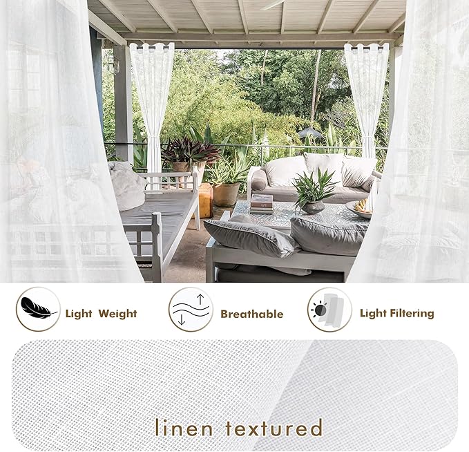 HolidayIdeas 2 Panels White Outdoor Sheer Curtains for Patio Waterproof 110x95 Inch-Extra Wide Voile Outside Curtains Light Filtering Grommet Drapes for Gazebo, Front Porch, Exterior Patio, Pool