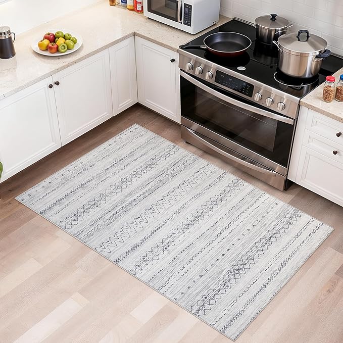 cotiled 3x5 Area Rug Living Room: Washable Boho Rugs with Non Slip Backing Small Soft Indoor Stain Resistant Carpet for Bedroom Farmhouse Dining Room Lightweight Home Decor Grey