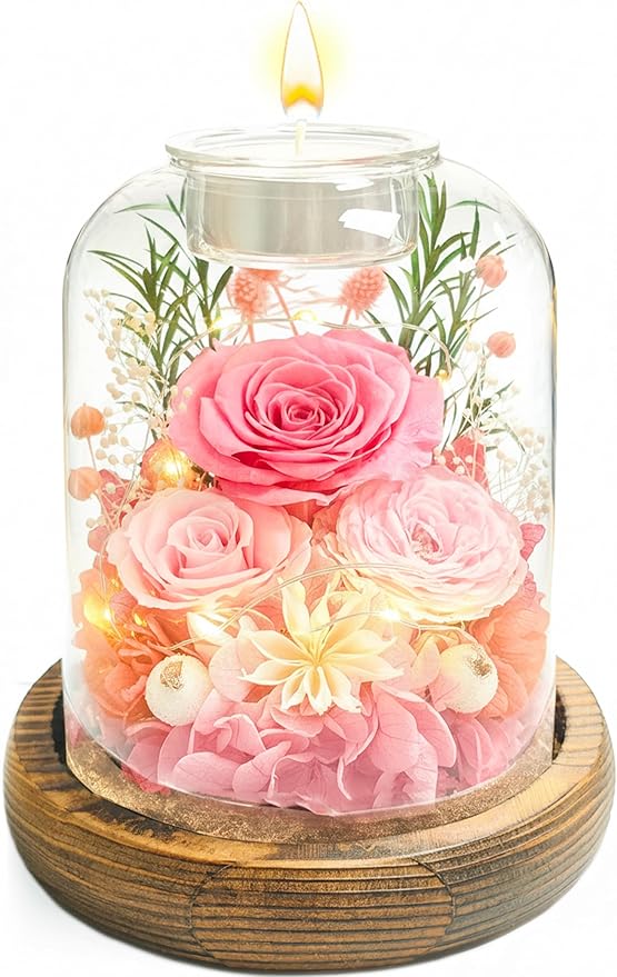Gifts for Mom, Preserved Rose Flowers in Glass Dome, Forever Flowers for Delivery, Eternal Rose, Birthday Gifts for Women, Mothers Day for Grandma, Wife, Daughter, Anniversary(Pink)