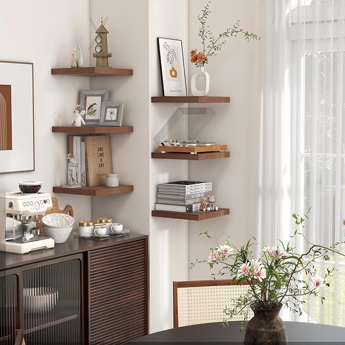 Venusmiles 8"x8" Square Floating Shelves for Wall, Walnut Finish, 3-Pack | Engineered Wood Wall Shelves with Invisible Brackets for Living Room, Bedroom, Bathroom, Office & Kitchen Storage