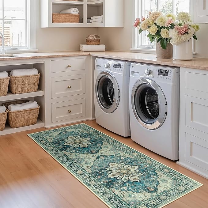 RELEANY Area Rugs 2'x6' Runner Rug Non Slip Washable for Kitchen Hallway Bedroom Beside Laundry Room Bathroom Rug, Floor Carpet, Dark Blue Vintage