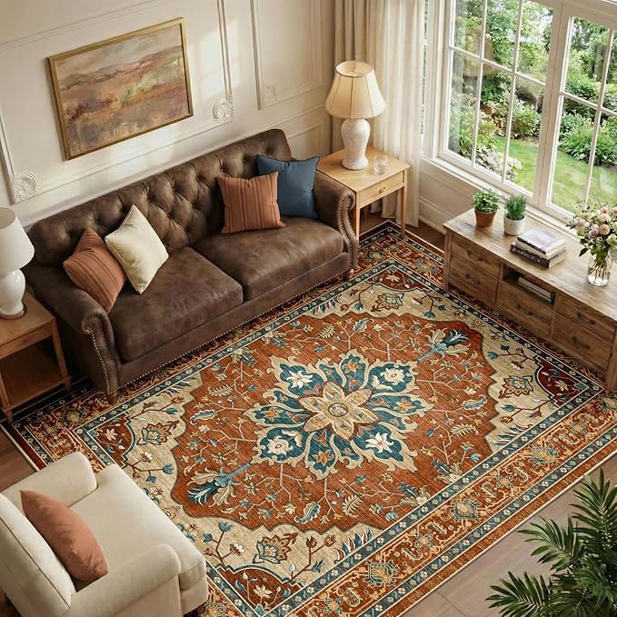 RELEANY Area Rugs 6'x9' Washable Non-Slip, Floral Vintage Distress Print Pattern Medallion Carpet for Living Room Bedroom Dining Room, Red Orange Blue Brown