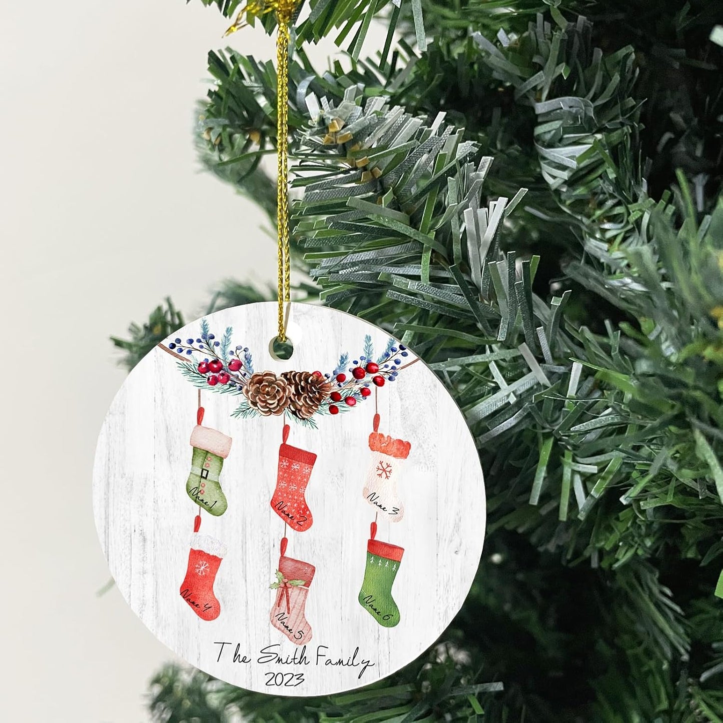 Personalized Family Christmas Ornaments 2025,Double-Sided Ceramics Custom Christmas Stocking Tree Ornament - Up to 8 Names,Customize Names for Each Family Member - Hanging Customized Xmas Ornaments