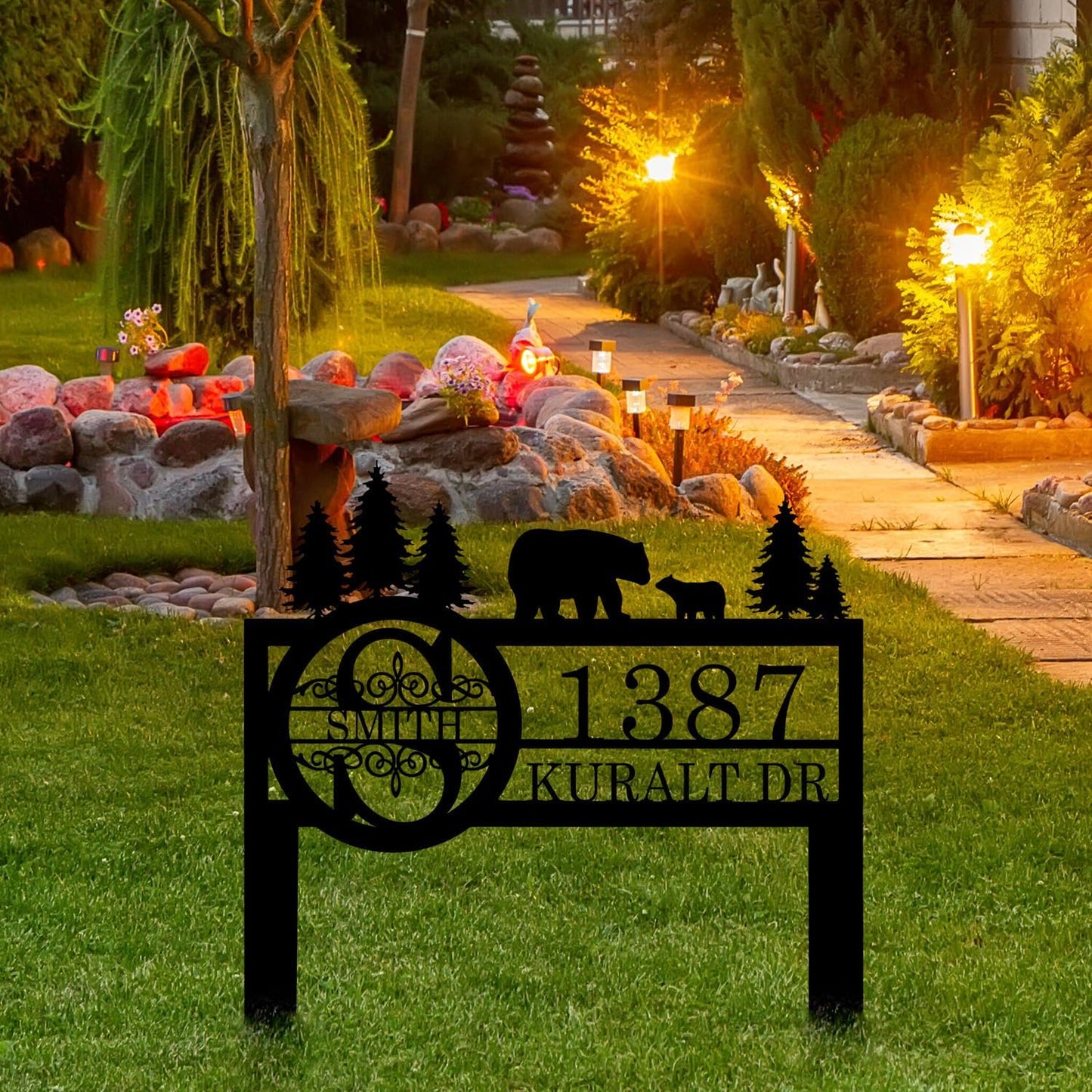 Personalized Custom Bear Wildlife Decor with Metal Stake - Address House Number Name Sign for Farmhouse, Yard, Camping