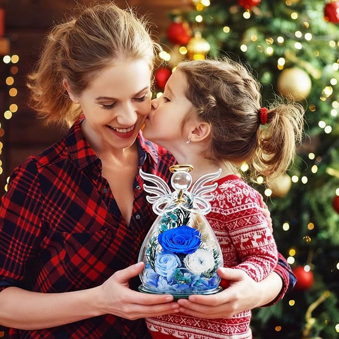 Blue Preserved Rose Angel Figurine, Get Well Soon Gifts for Women, Christian Sympathy Memorial Decor, Healing Real Flower Present for Her