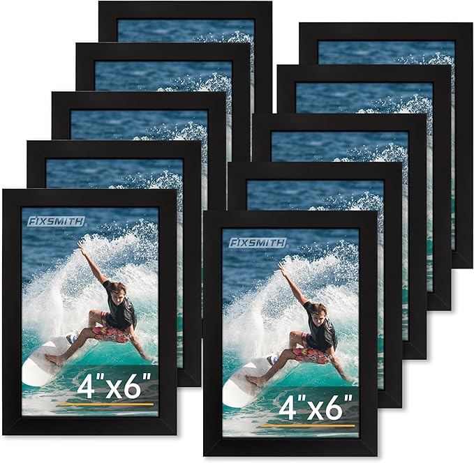 FIXSMITH 4x6 Picture Frame Set of 10, 4x6 Photo Frames Bulk with HD Plexiglass for Wall Hanging or Tabletop Display, Black