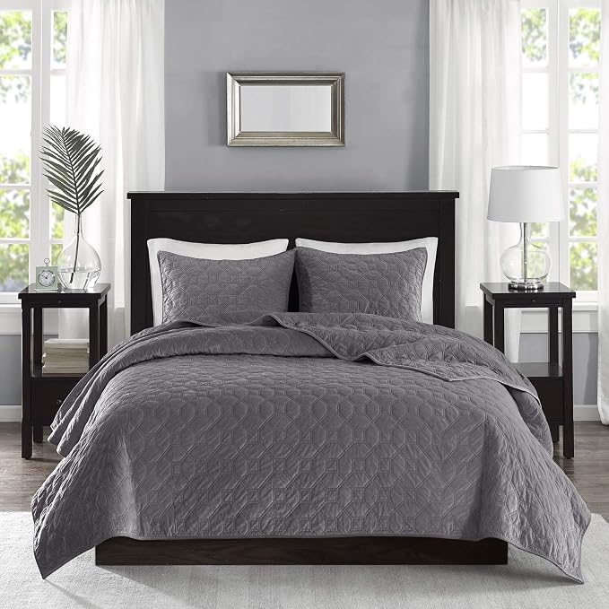Madison Park Harper Quilt Set Velvet Casual Geometric Stitching Design All Season, Lightweight Coverlet, Cozy Bedding, Matching Shams, Full/Queen(90"x90"), Grey 3 Piece