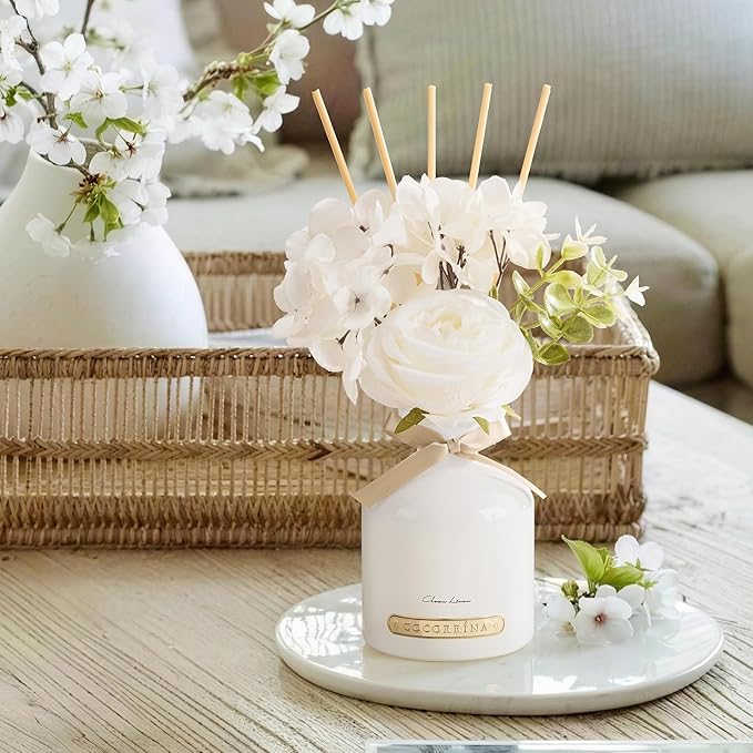 COCORRÍNA Reed Diffuser Set, 6.7oz Flower Reed Diffuser with Sticks, Clean Linen Essential Oil, Long Lasting Home Fragrance for Bathroom, Bedroom & Shelf Decor, Aesthetic Gift for Women
