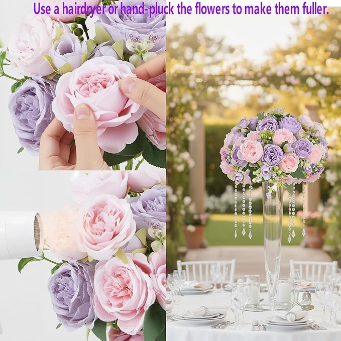12 Bundles Peonies Artificial Flowers Bouquet, Lifelike Silk Fake Peonies with Stems for Home Table Centerpieces, Wedding, Party & DIY Bridal Floral Arrangements（Light Purple）