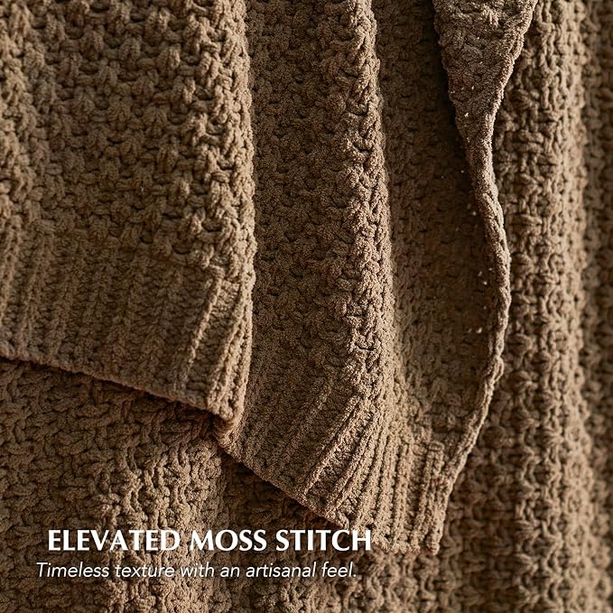 EVERGRACEHOME Chunky Chenille Knit Throw Blanket for Couch, Soft Luxurious Oversized King Moss Stitch Blanket for Bed, Large Cozy Farmhouse Knitted Throw for Sofa, Camel Brown, 92" x 108"