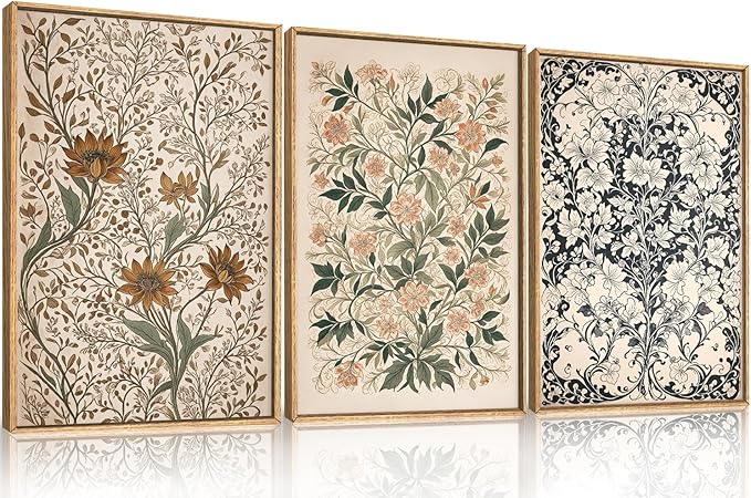 Large Abstract Vintage Flower Framed Canvas Wall Art,Antique Botanical Wall Decor,Neutral Bouquet Wall Painting,Aesthetic Floral Artwork for Living Room,Bedroom,Dining Room,Office -24"x36"x3