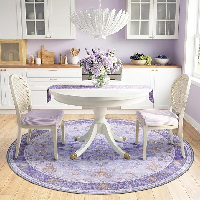 RELEANY Area Rugs 6ft Washable Non-Slip, Floral Vintage Distress Print Pattern Medallion Carpet for Living Room Bedroom Dining Room, Light Purple Brown