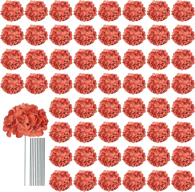 AVIVIHO 65pcs Fake Flowers Burnt Orange Hydrangea Artificial Flowers Bulk (Not Squished, No Steaming Need) Silk Flowers with Stems for Wedding Decor,Home,Baby Shower,Table Centerpieces Decoration