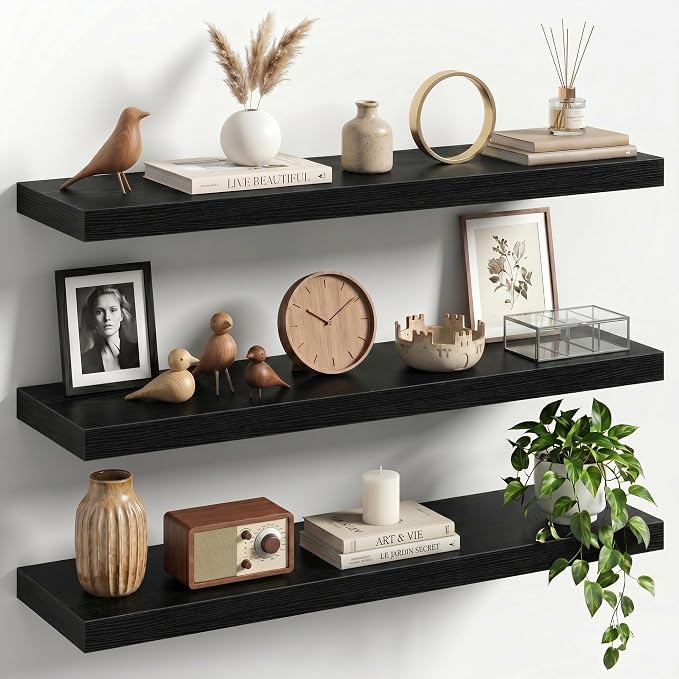 30" Floating Shelves for Wall, Set of 3, 8" Deep, 1.5" Thick, Black | Rustic Wood Wall Shelves with Invisible Brackets, Storage and Display for Bathroom, Bedroom, Living Room or Kitchen