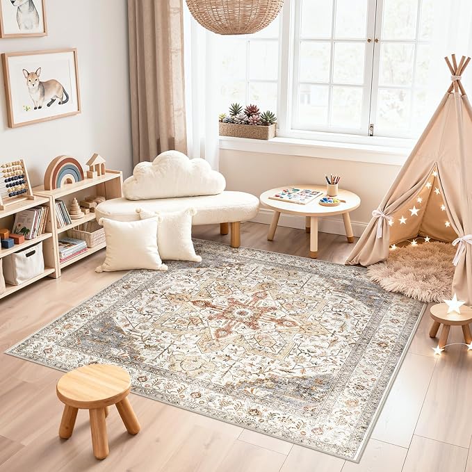 Tortania 8' Square Area Rug Living Room Rugs - Washable Boho Rug Vintage Oriental Distressed Farmhouse Large Thin Indoor Carpet for Bedroom Under Dining Table Home Office - Orange Multi