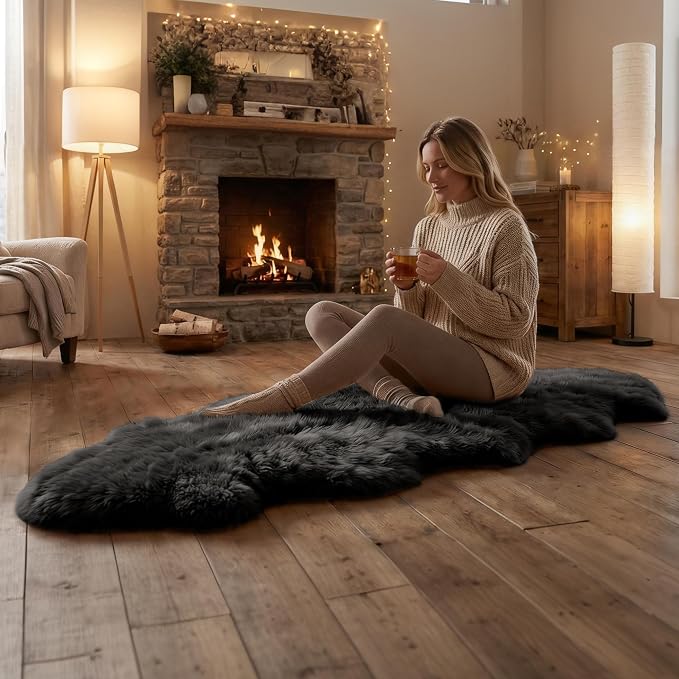 Premium Genuine Sheepskin Area Ruge - Real Wool Fur Shaggy Carpet | Fluffy Soft Natural Lambskin Rug Seat Chair Covers for Couch Sofa Bedroom Living Room(Dark Grey,2×6 Feet Sheepskin)