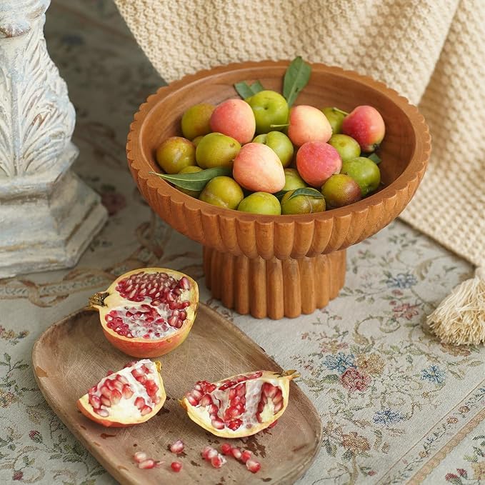 ChagoArt Wooden Fruit Bowl for Kitchen Counter- Large Decorative Bowl for Home Decor Entry Table-Ruffle Fluted Bowl-Scallopedl-Organic Modern Home Decor-Pedestal Footed (Wood Brown)