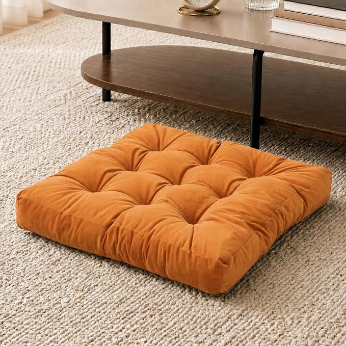 Floor Pillow for Adults, Soft Velvet Floor Cushion for Sitting, Single Square Tufted Floor Pillow for Reading Nook, Living Room, Bedroom, 22 x 22 Inch, Orange