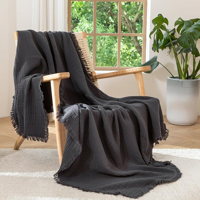 MooMee Muslin Blanket - 100% Cotton 4-Layer Gauze Throw Blanket with All-Around Fringe, Soft Breathable Lightweight Cooling Summer Blankets for Bed Couch (Dark Grey,Throw 60" x 50")