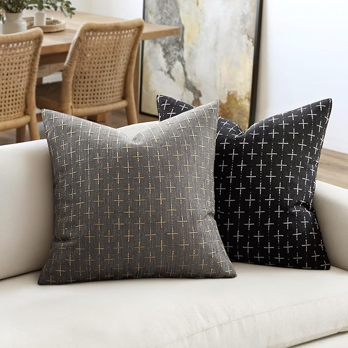 MIULEE Pack of 2 Decorative Burlap Linen Euro Sham Throw Pillow Covers for Sofa Couch Bed 24x24 Inch Modern Farmhouse Pillowcase Rustic Woven Textured Cushion Cover Dark Grey