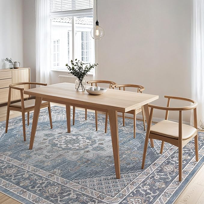Tortania Area Rug Living Room Rugs - 12x15 Washable Boho Rug Vintage Oriental Distressed Farmhouse Large Thin Indoor Carpet for Living Room Bedroom Under Dining Table Home Office - Blue