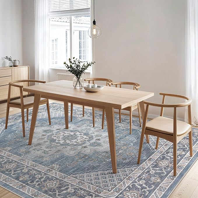 Tortania Area Rug Living Room Rugs - 10x12 Washable Boho Rug Vintage Oriental Distressed Farmhouse Large Thin Indoor Carpet for Living Room Bedroom Under Dining Table Home Office - Blue