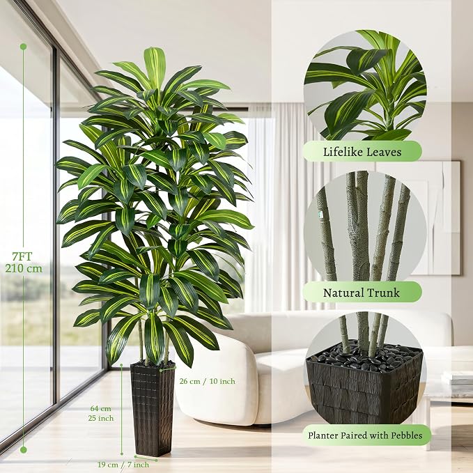 Artificial Dracaena Tree - 7FT Tall Fake Plants with Black Square Planter - Artificial Plants Indoor Floor Plant in Pot - Large Tropical Fake Yucca Potted Tree for Home Office Living Room Decor