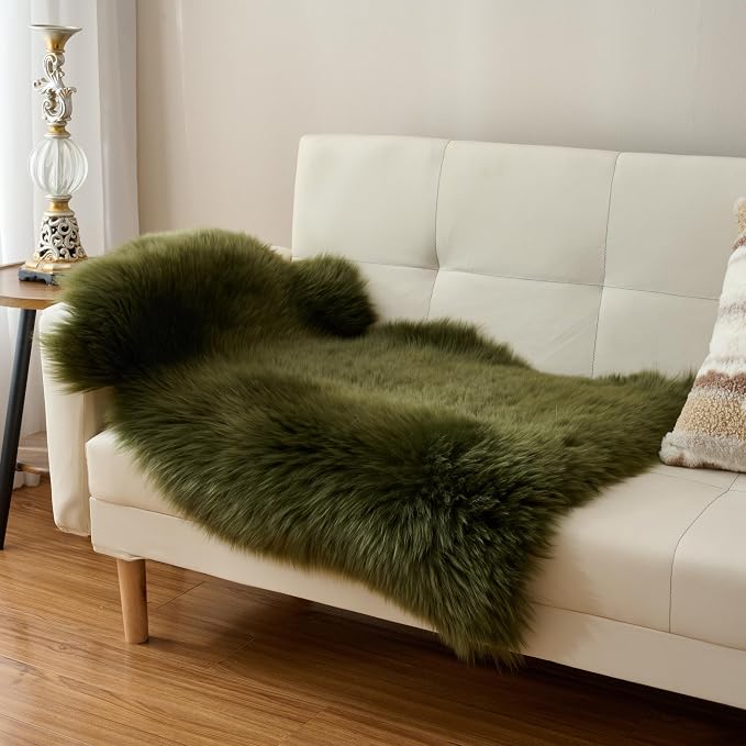 Premium Genuine Sheepskin Area Ruge - Real Wool Fur Shaggy Carpet | Fluffy Soft Natural Lambskin Rug Seat Chair Covers for Couch Sofa Bedroom Living Room(Dark Green,2×3 Feet Sheepskin)