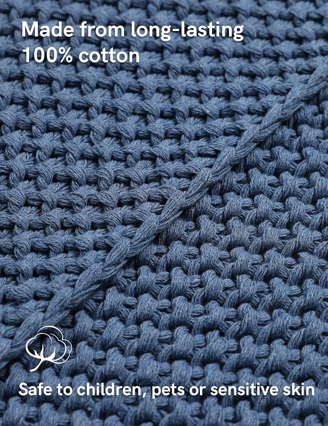YnM Chunky Cotton Knit Throw Blanket, Cable Knit Throws for Bed Couch Sofa, Comfy & Relaxing, Decorative Piece for Farmhouse Modern Boho Rustic Scandinavian Chic Vibe, Denim Blue 60x80 Inches