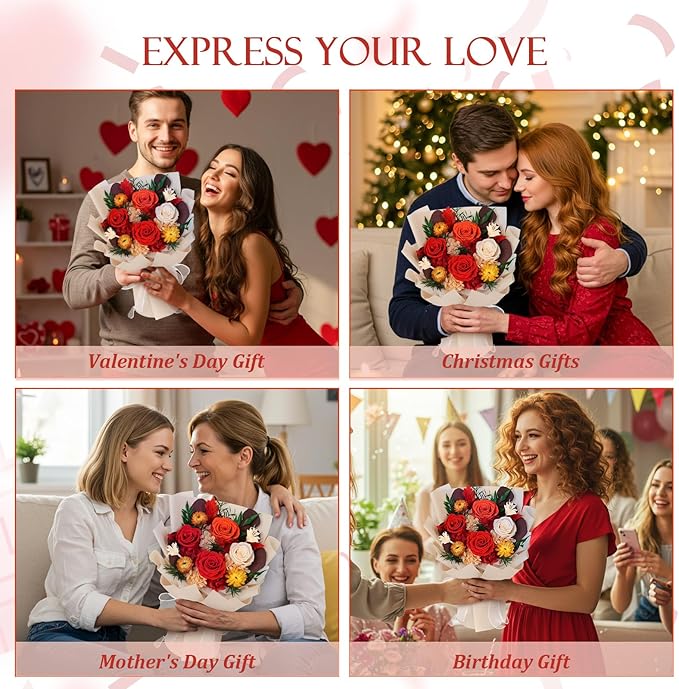 Preserved Flowers Bouquet 4 Roses with Vase,Flowers for Delivery Prime That Last 3-5 Years Real Forever Flowers Rose Bouquet for Mom Mother Women Wife Friends Birthday Mother's Day（Red）
