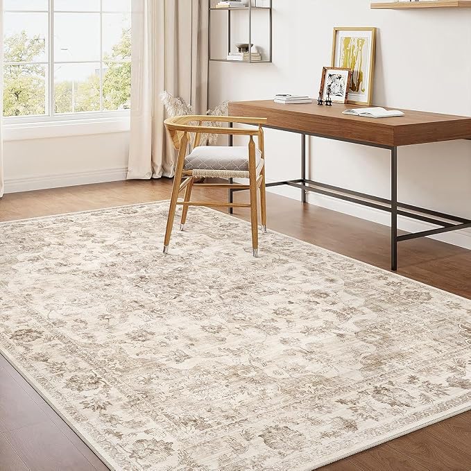 4x6 Washable Neutral Area Rug Beige Vintage Entryway Office Carpet Non-Slip Soft Low Pile Farmhouse Indoor Throw Rug for Living Room Bathroom Dining Room