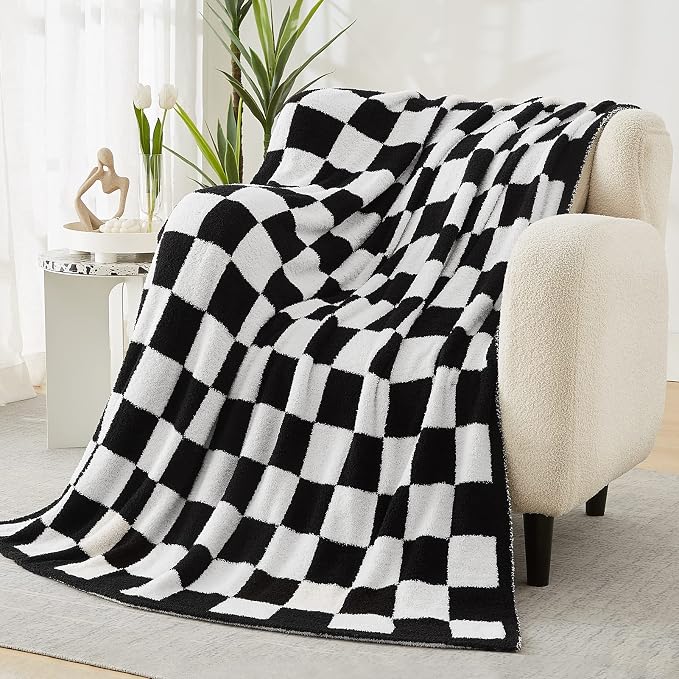 WRENSONGE Soft Checkered Throw Blanket for Couch-Cozy Warm Knitted Blankets | Lightweight Warm Fluffy Decor for Women, Mom, Her & Girls, Sofa, Chair, Bed, 50x70in, Black and White