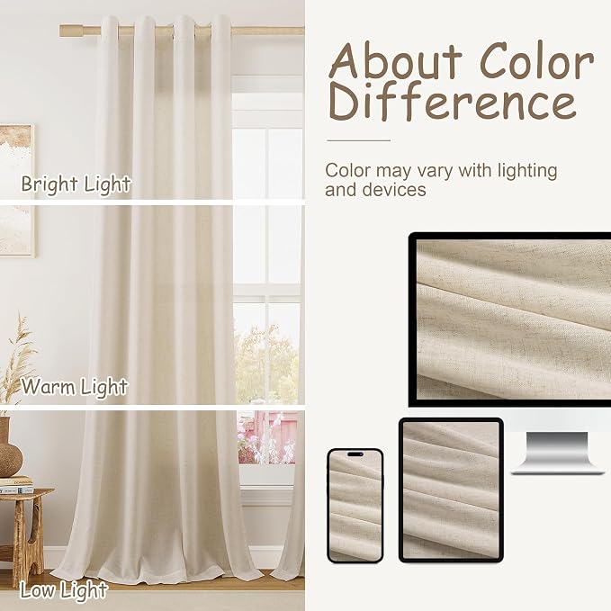 Aersas Boho Colored Extra Long Grommet Linen Curtains 120 Inches Long for Living Room Bedroom Semi Sheer Light Filtering Neutral Boho Farmhouse 120 Inch Length 2 Panel Set for Large Window