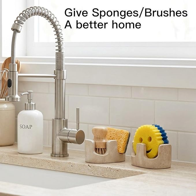 Travertine Sponge Holder for Kitchen Sink, 2-in-1 Sponge & Brush Holder, 2 Slot Natural Stone Sink Caddy for Countertop, Keeps Countertops Dry, Non-Slip Base, Elegant Kitchen Decor, Beige