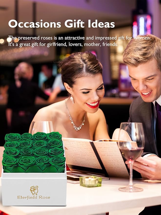 Eterfield Forever Flowers Preserved Roses Real Roses that Last Over a Year Rose Box Gifts for Her Mothers Day Valentines Day Christmas (Square White Box, 16 Blackish Green Roses)