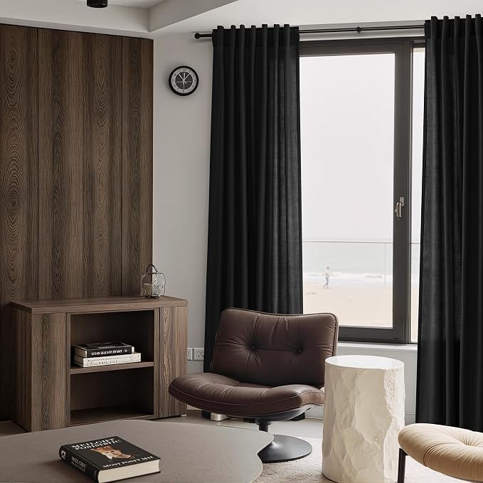 Nanspring Black Linen Curtains 50 x 96 inches Long Living Room Back Tab Rod Pocket Semi Sheer Curtain Boho Modern Privacy Light Filtering Thick Linen Drapes for Bedroom, Black, Set of 2 Panels