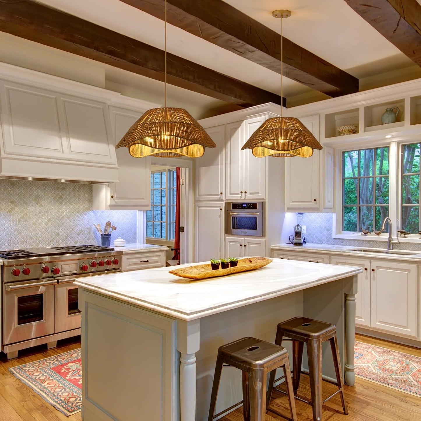 19.68" Large Gold Rattan Pendant Light, 3-Light Farmhouse Chandeliers for Dining Room, Woven Wicker Flush Mount Hanging Light, Adjustable Boho Pendant Lighting for Kitchen Island Bedroom