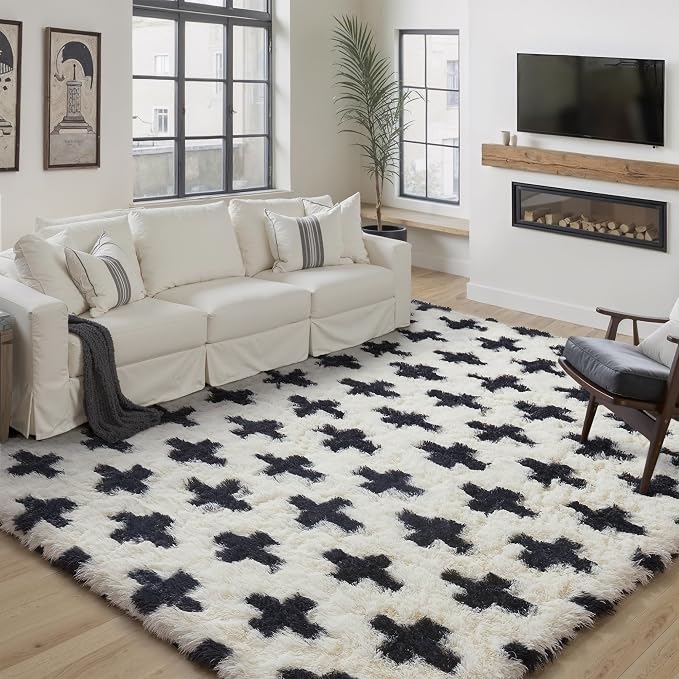 PureCozy Black and White Rug 5x8 for Living Room, Super Soft Modern Shag Rug Washable Fluffy Rugs Indoor Fuzzy Carpet Non-Slip Fluffy Rugs for Bedroom Home Aesthetic Decor