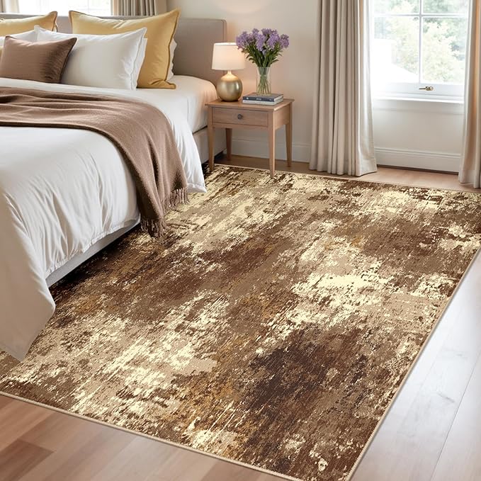 RELEANY Washable Area Rugs 4'x6' Non-Slip Modern Abstract Soft for Living Room Entryway Bedroom Nursery, Print Pattern, Brown Tan Beige Coffee